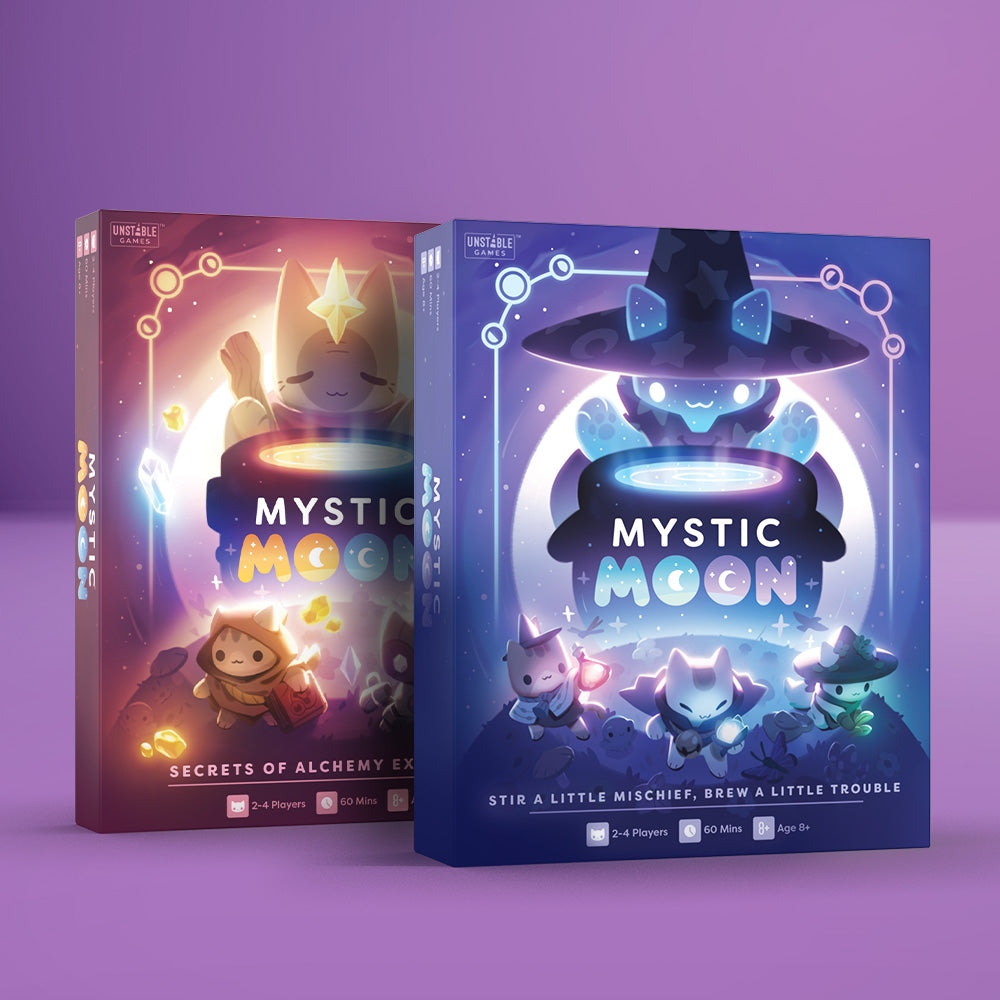 Mystic Moon: Base Game + Secrets of Alchemy Expansion Bundle - two game boxes with cat witches and cauldrons on them, pictured on a purple background.
