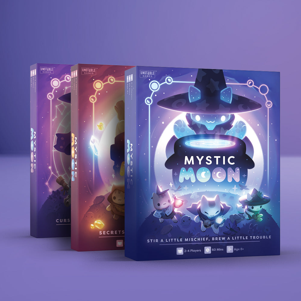Mystic Moon: Base Game + 2 Expansion Bundle - three tabletop game boxes with cat witches and cauldrons on a purple background