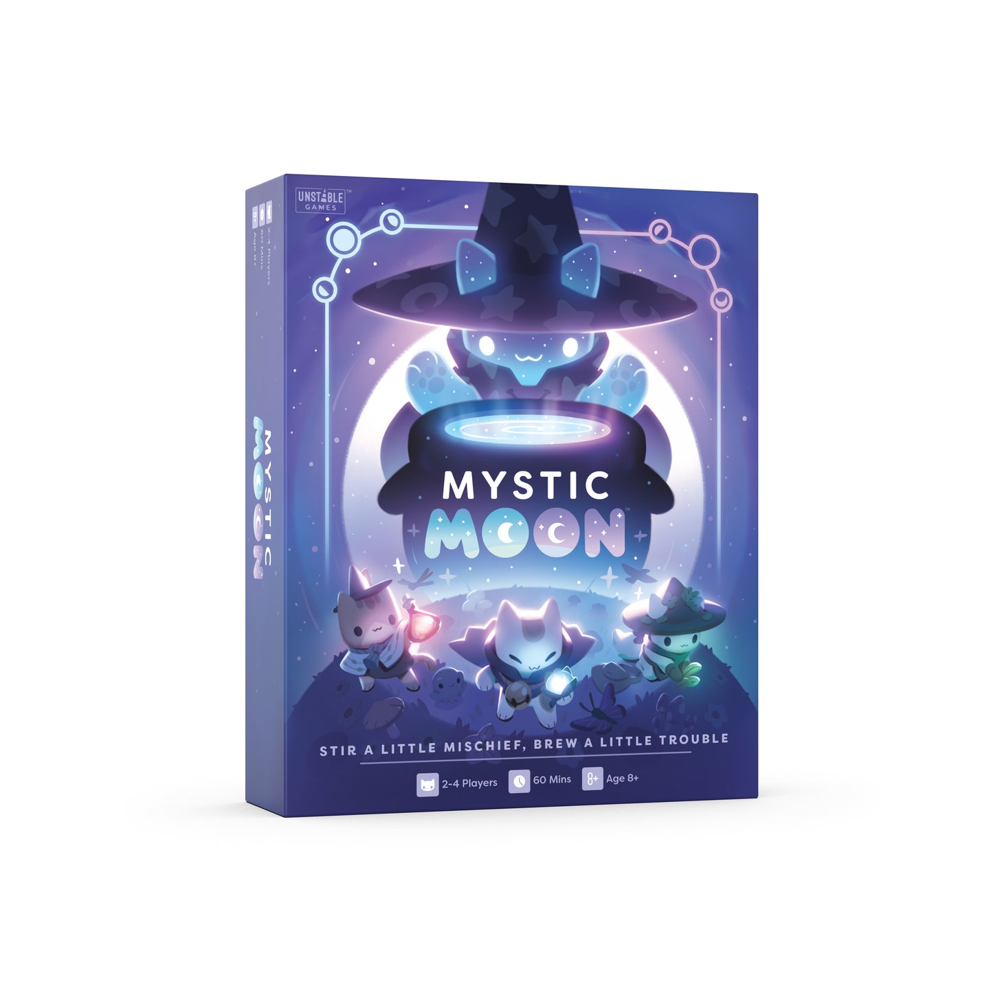 Mystic Moon Base Game - tabletop game box featuring cute witch cats in a magical setting, with the title 'MYSTIC MOON' prominently displayed on the front, seen on a white background.