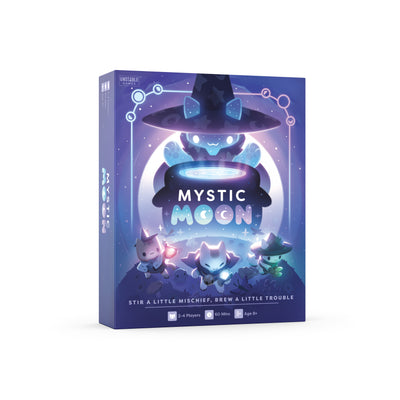 Mystic Moon Base Game - tabletop game box featuring cute witch cats in a magical setting, with the title 'MYSTIC MOON' prominently displayed on the front, seen on a white background.