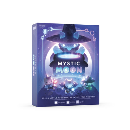 Mystic Moon Base Game - tabletop game box featuring cute witch cats in a magical setting, with the title 'MYSTIC MOON' prominently displayed on the front, seen on a white background.