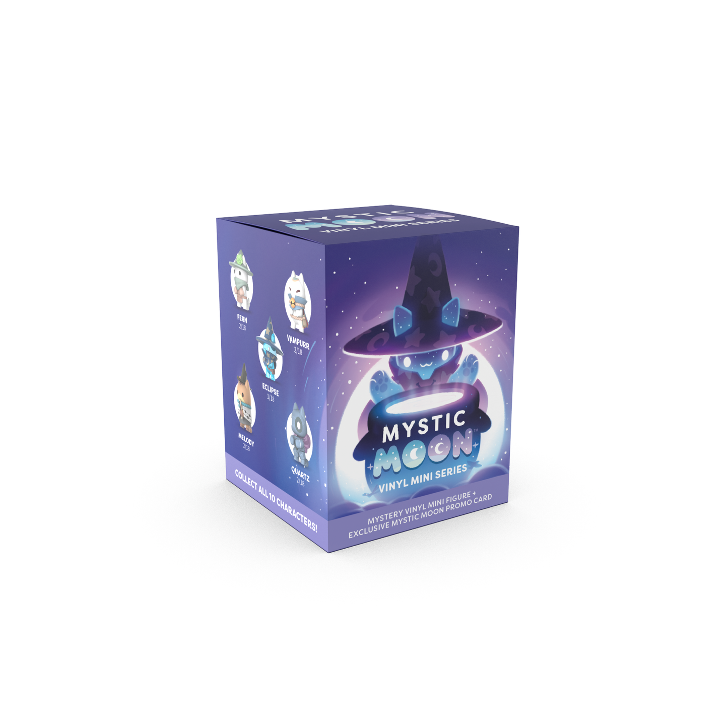 Mystic Moon: Vinyl Figure Blind Box - purple box featuring a cartoon cat character with a witch hat on the front, set against a plain white background.