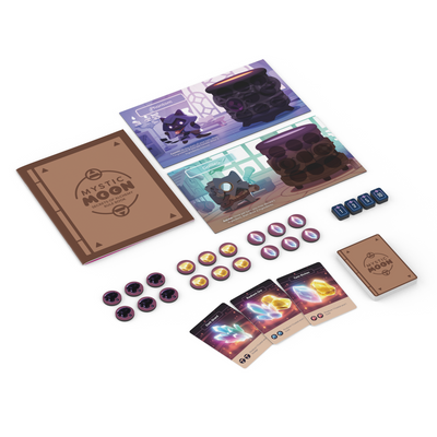 Mystic Moon Alchemy Expansion - components are laid out on a white background, including player boards, tokens, and cards.