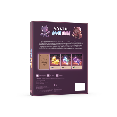 Mystic Moon Alchemy Expansion - the box is tones of yellow, red and purple and has a witch cat above a cauldron with two other witch cat characters below it 