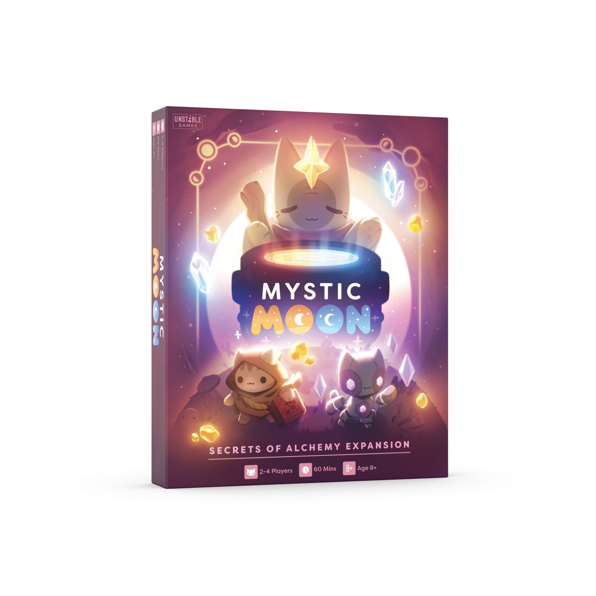 Mystic Moon Alchemy Expansion - the box is tones of yellow, red and purple and has a witch cat above a cauldron with two other witch cat characters below it 