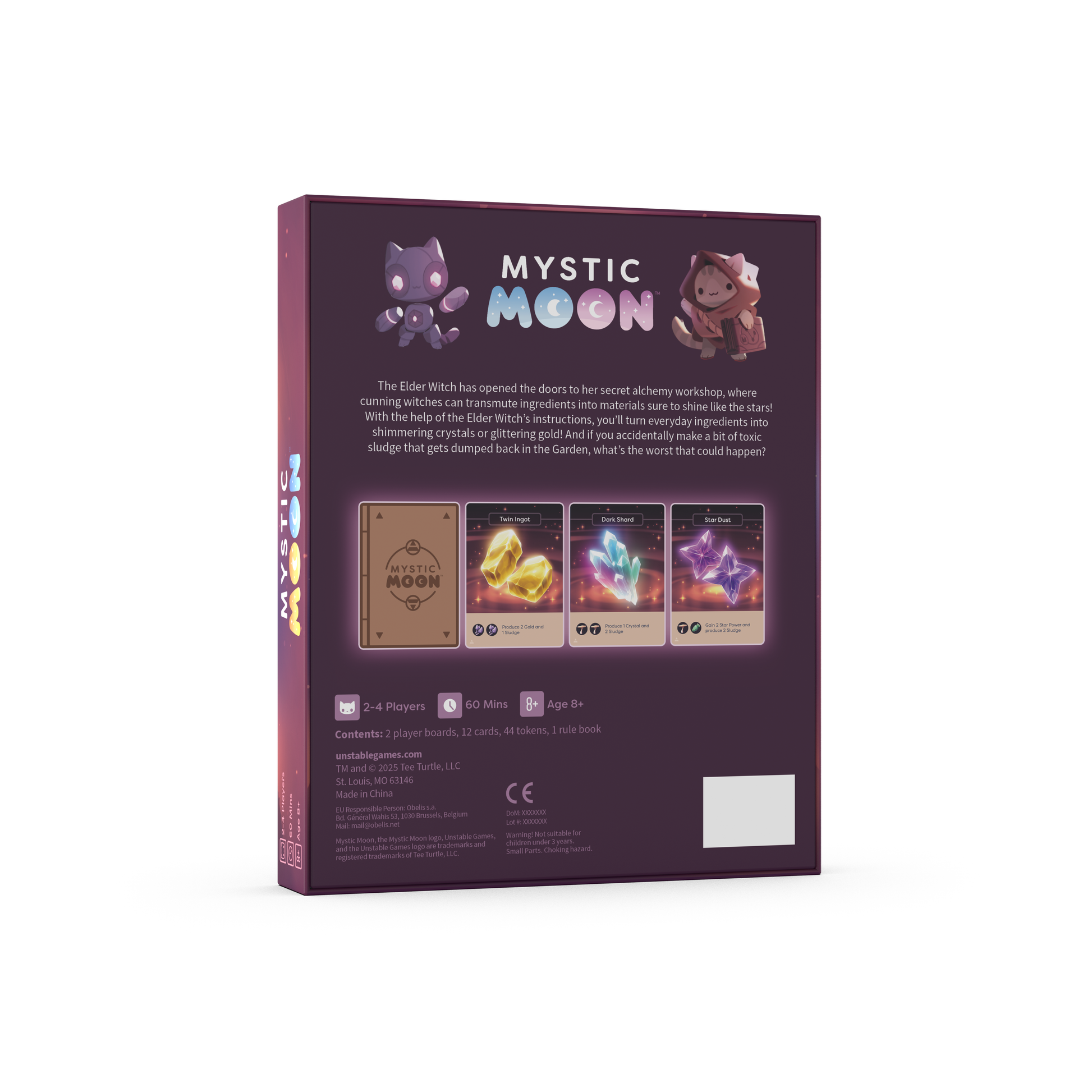 The back of the Mystic Moon: Secrets of Alchemy expansion, with illustrations of the new witch characters and the added cards. 