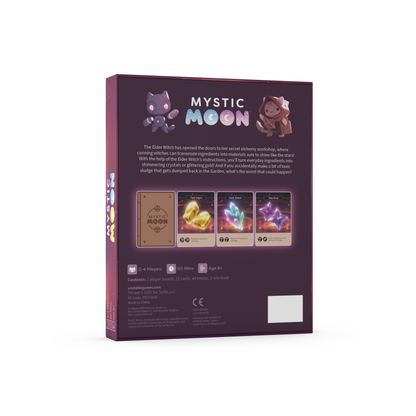 The back of the Mystic Moon: Secrets of Alchemy expansion, with illustrations of the new witch characters and the added cards. 