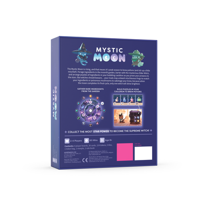 The back of the Mystic Moon: base game box shown at a three-quarter angle on a clean white background. The box is deep purple with white text and illustrations of celestial characters, featuring a central game board graphic