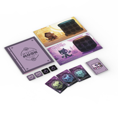 Mystic Moon Curse of the Zodiac Expansion - an image of the components laid out, including player boards and cards