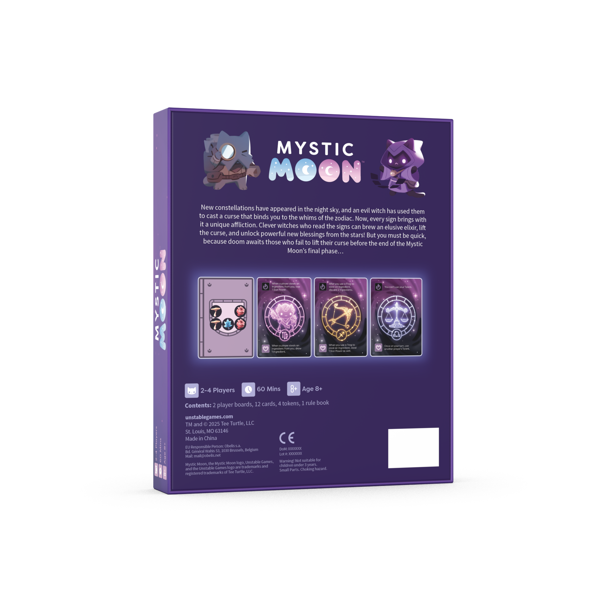 Mystic Moon Curse of the Zodiac Expansion - the box is purple and has a cat witch with a cauldron above two other cat characters 