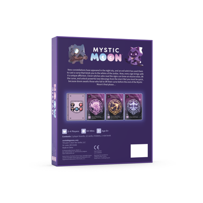 Mystic Moon Curse of the Zodiac Expansion - the box is purple and has a cat witch with a cauldron above two other cat characters 