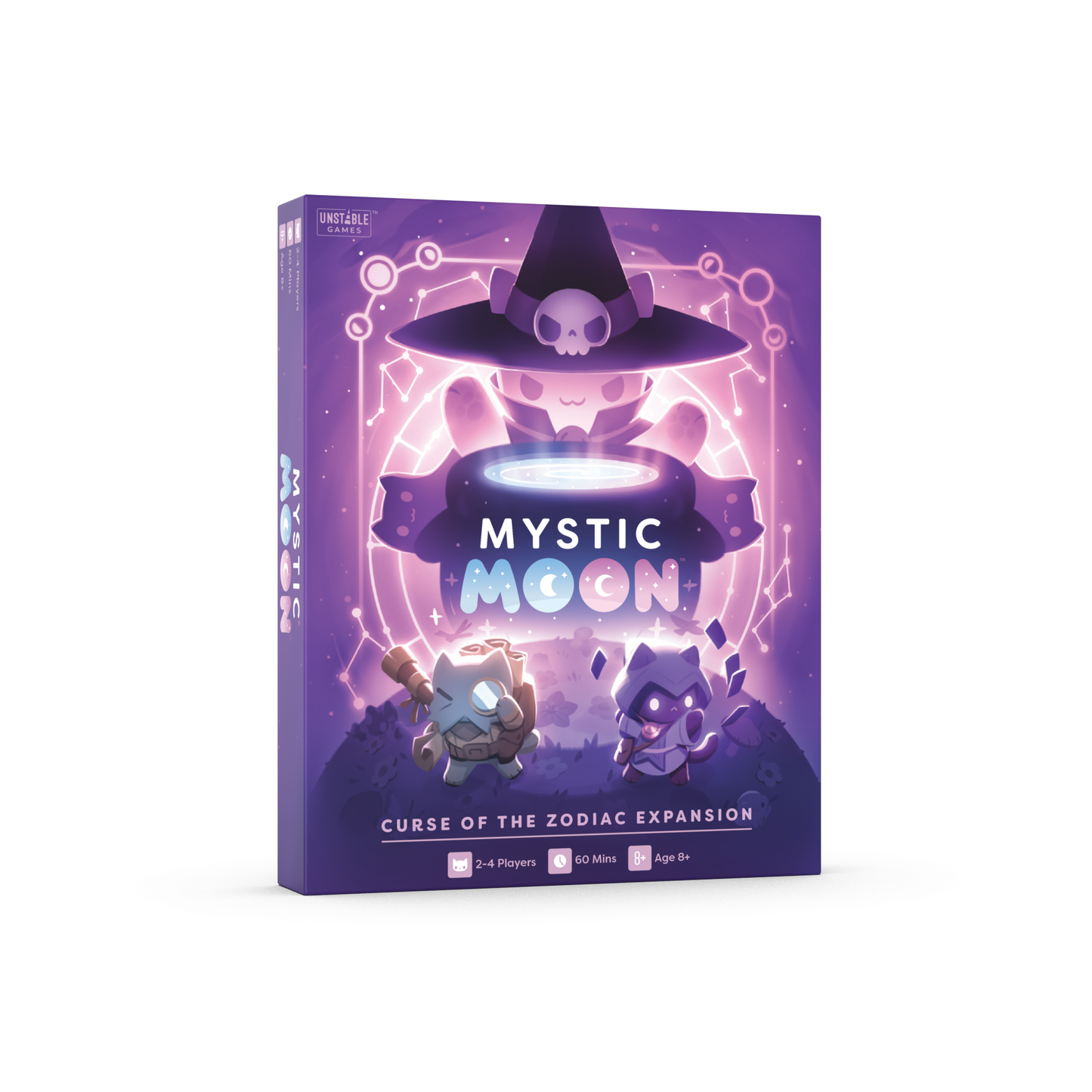 Mystic Moon Curse of the Zodiac Expansion - the box is purple and has a cat witch with a cauldron above two other cat characters 