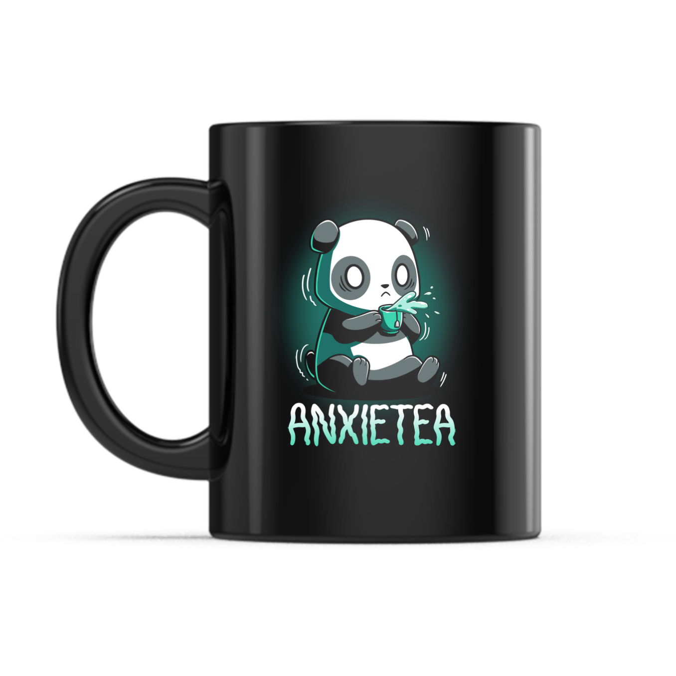 Ceramic Mug_TeeTurtle Anxietea black mug featuring an anxious panda holding a cup of tea with the caption, “Anxietea“.