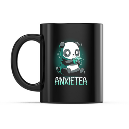 Ceramic Mug_TeeTurtle Anxietea black mug featuring an anxious panda holding a cup of tea with the caption, “Anxietea“.