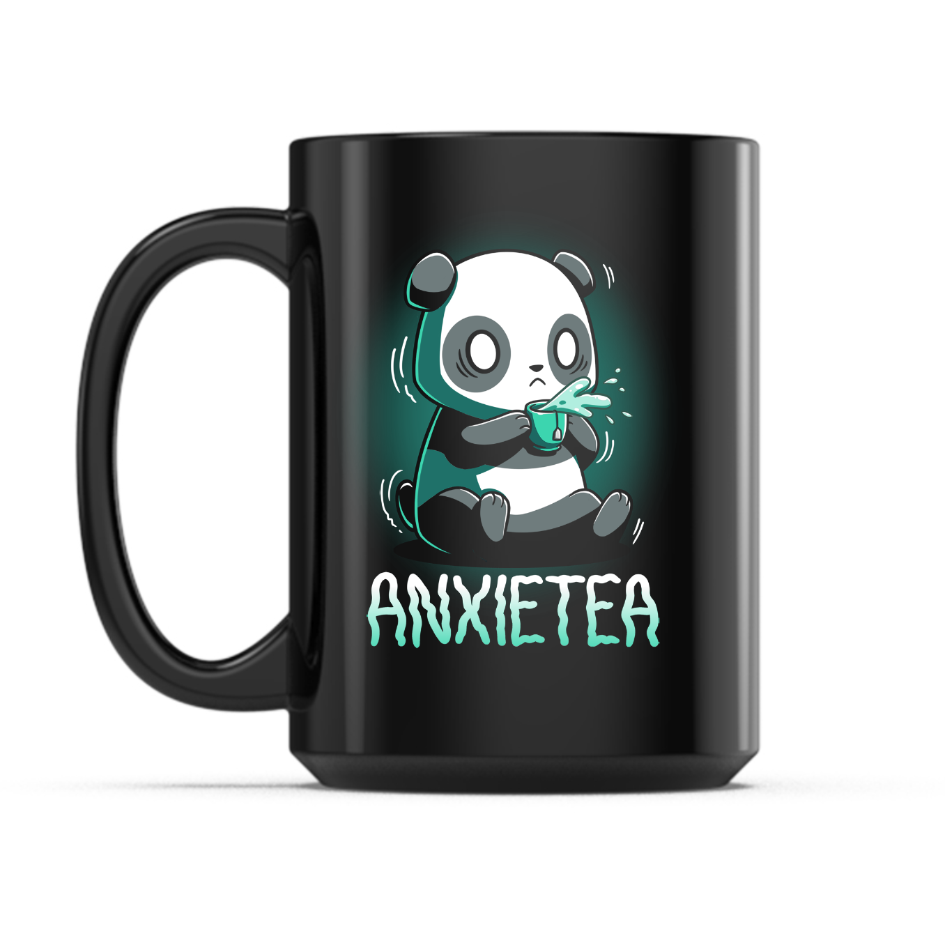 Ceramic Mug_TeeTurtle Anxietea black mug featuring an anxious panda holding a cup of tea with the caption, “Anxietea“.