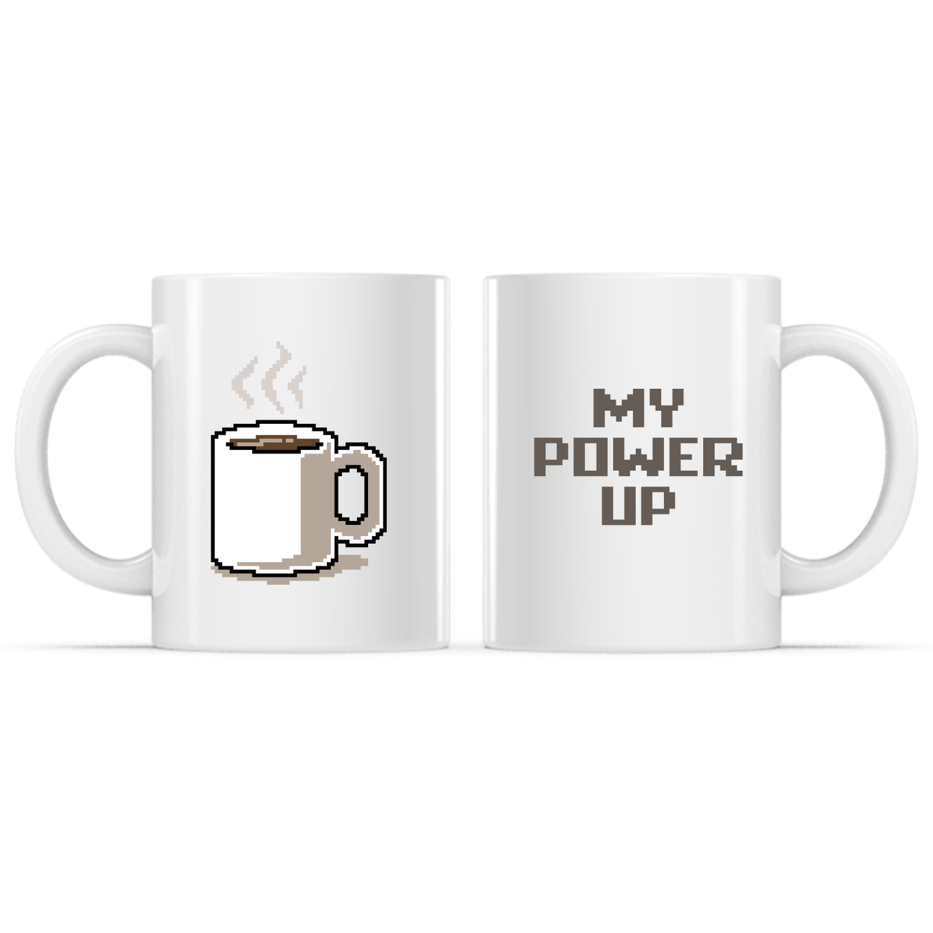 Ceramic Mug_TeeTurtle My Power Up white mug featuring a pixelated coffee cup, with the caption, “My Power Up“.