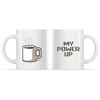 Ceramic Mug_TeeTurtle My Power Up white mug featuring a pixelated coffee cup, with the caption, “My Power Up“.