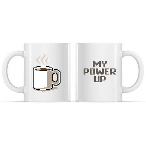 Ceramic Mug_TeeTurtle My Power Up white mug featuring a pixelated coffee cup, with the caption, “My Power Up“.
