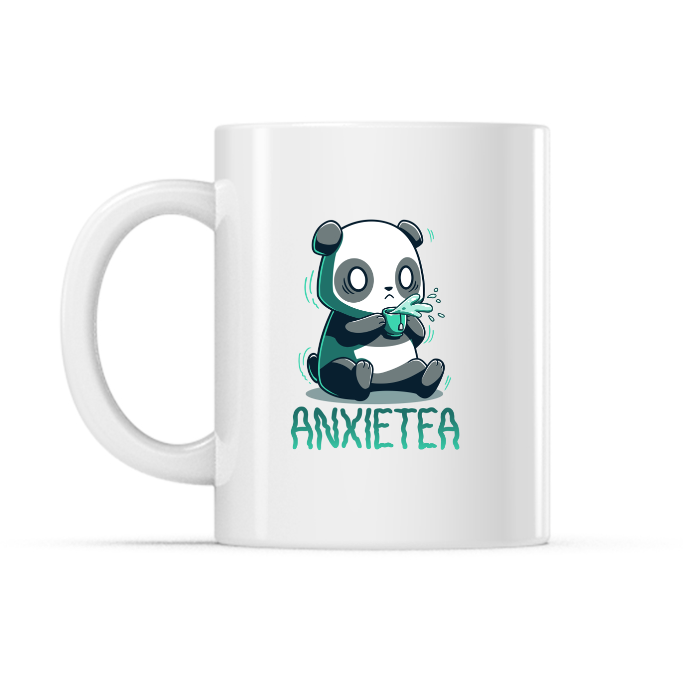 Ceramic Mug_TeeTurtle Anxietea white mug featuring an anxious panda holding a cup of tea with the caption, “Anxietea“.