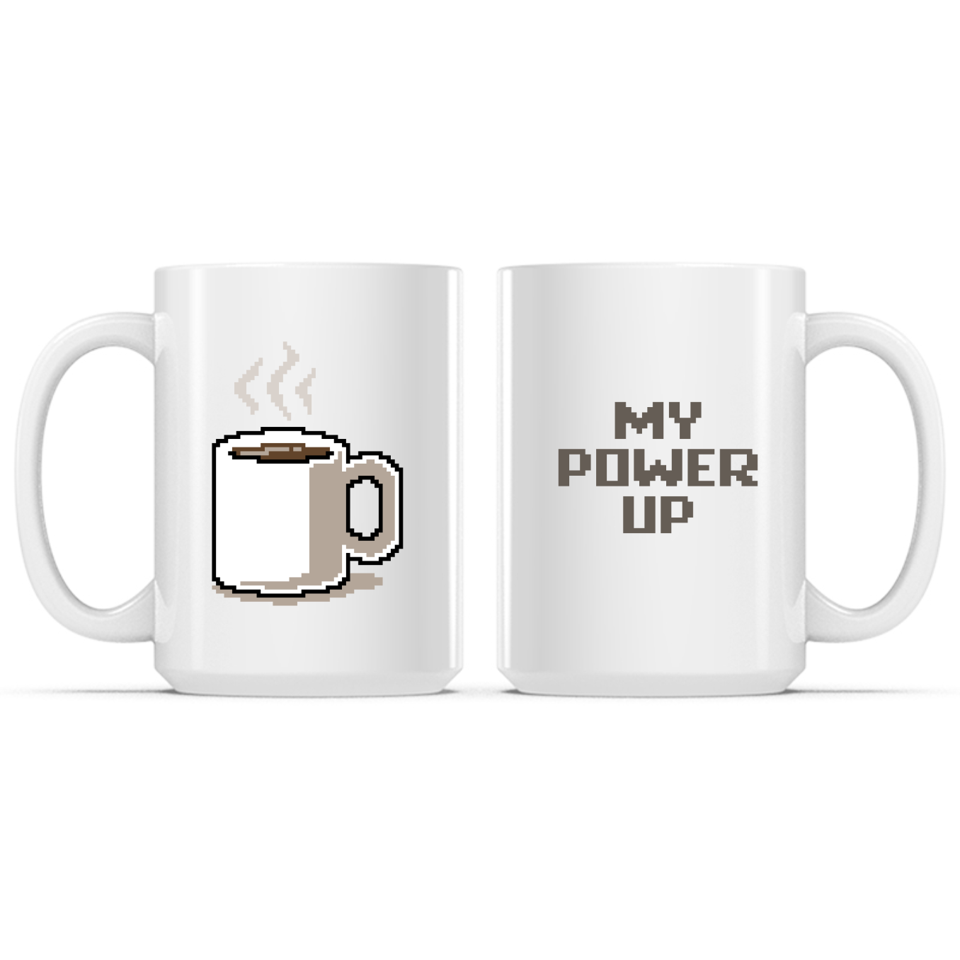 Ceramic Mug_TeeTurtle My Power Up white mug featuring a pixelated coffee cup, with the caption, “My Power Up“.