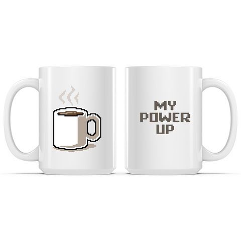 Ceramic Mug_TeeTurtle My Power Up white mug featuring a pixelated coffee cup, with the caption, “My Power Up“.