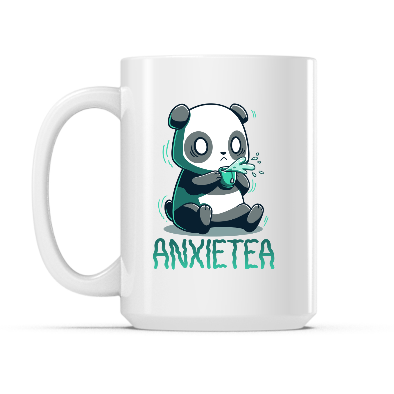 Ceramic Mug_TeeTurtle Anxietea white mug featuring an anxious panda holding a cup of tea with the caption, “Anxietea“.
