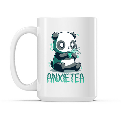 Ceramic Mug_TeeTurtle Anxietea white mug featuring an anxious panda holding a cup of tea with the caption, “Anxietea“.