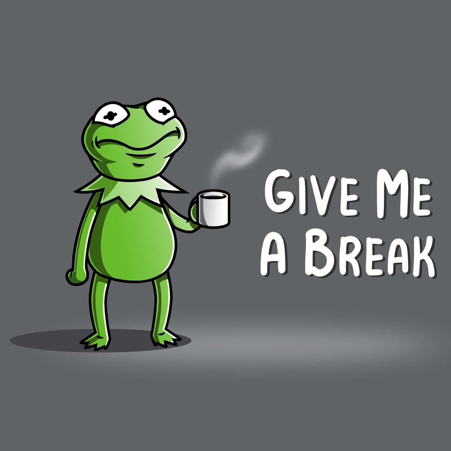 An officially licensed Muppets T-shirt featuring a frog holding a cup of coffee with the words "Give Me a Break.