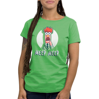 A woman wearing an officially licensed green "Meep Meep" T-shirt from Disney.