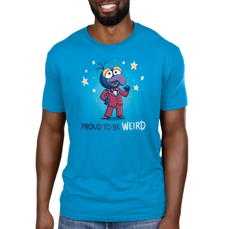 A man wearing an officially licensed Disney Proud to Be Weird (Gonzo) blue T-shirt.