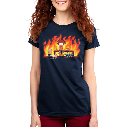 An officially licensed women's Muppets t-shirt featuring the Beaker's Lab Explosion cartoon character on fire.