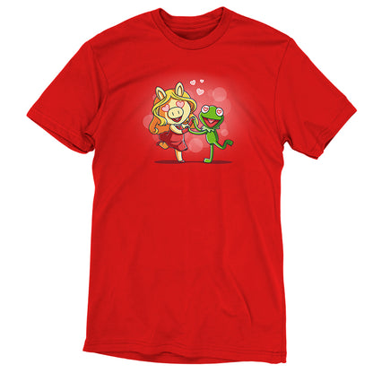 An officially licensed Disney Miss Piggy and Kermit red T-shirt with an image of a frog and a girl.