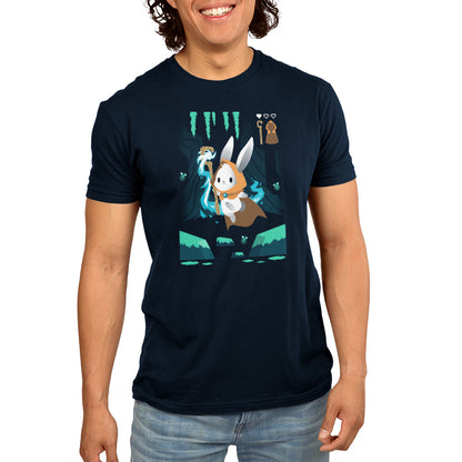 Premium Cotton T-shirt_TeeTurtle Mage Class navy blue t-shirt featuring an adventurous magical bunny holding a staff and skipping across a river and surrounded by fireflies. 