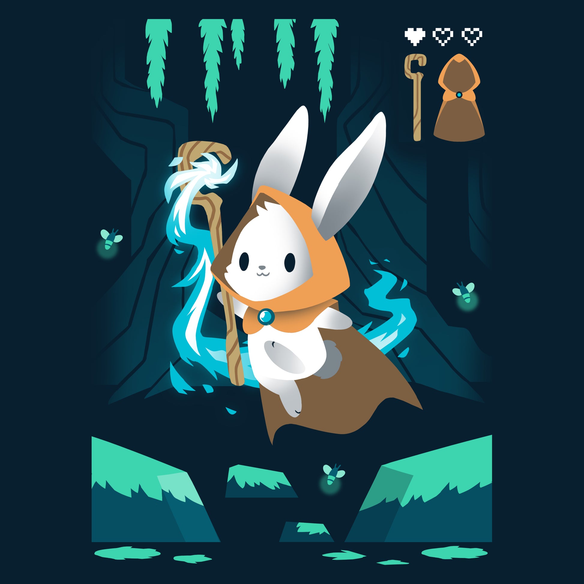 Premium Cotton T-shirt_TeeTurtle Mage Class navy blue t-shirt featuring an adventurous magical bunny holding a staff and skipping across a river and surrounded by fireflies. 