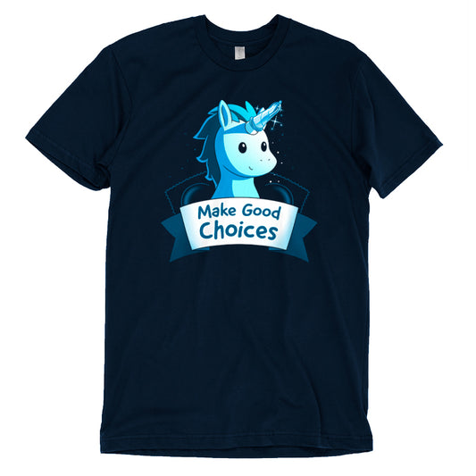 Navy blue cotton tee featuring a cartoon unicorn with the Make Good Choices slogan displayed on a banner by Unstable Games.