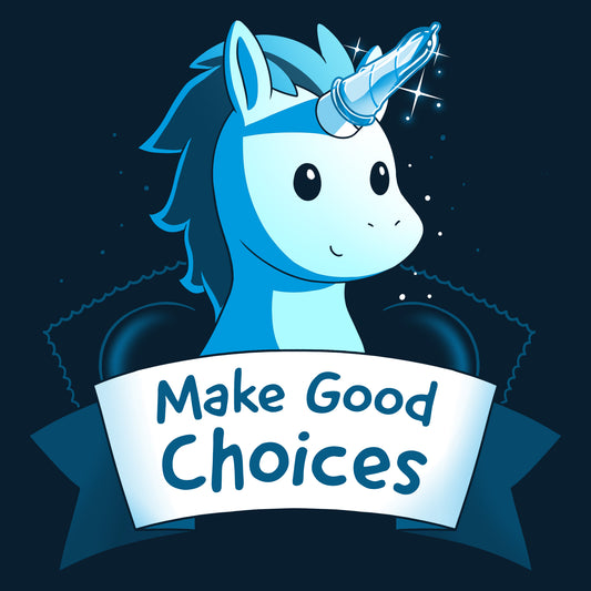 Illustration of a smiling blue unicorn with a sparkling horn, surrounded by stars, holding a banner that reads 