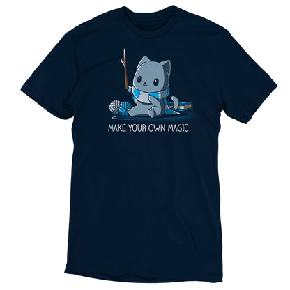 Premium Cotton T-shirt_Teeturtle Make Your Own Magic Navy Blue Featuring a gray cat sitting in front of a book next to yarn with a wand-like stick and a crafted scarf with the text 'Make Your Own Magic' below.