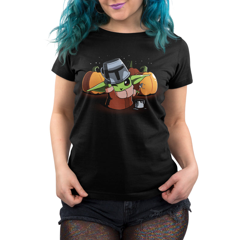 A licensed women's Star Wars Mando Cosplay t-shirt featuring Baby Yoda in a pumpkin hat.