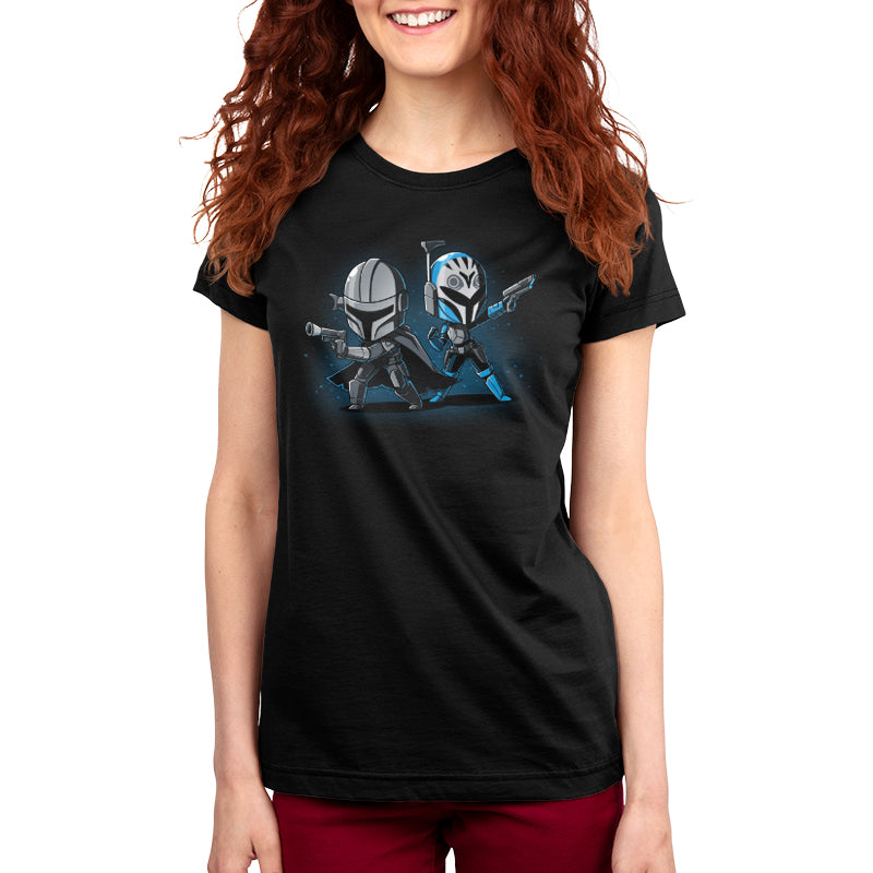 A Star Wars licensed women's black t-shirt featuring two ninjas Mando and Bo Katan.