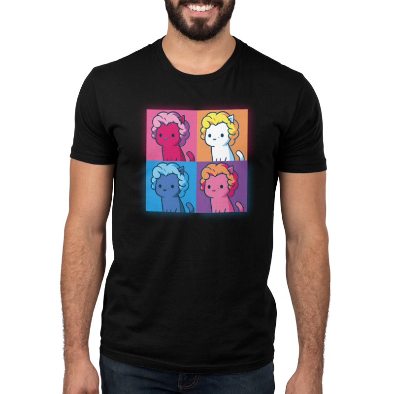 Premium Cotton T-shirt_TeeTurtle Marilyn Meownroe black t-shirt featuring a four panel, multicolored and stylized image of a cartoon cat in a Marilyn Monroe wig in parody of the famous painting of her.