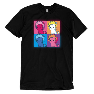 Premium Cotton T-shirt_TeeTurtle black Marilyn Meownroe featuring a four panel, multicolored and stylized image of a cartoon cat in a Marilyn Monroe wig in parody of the famous painting of her.