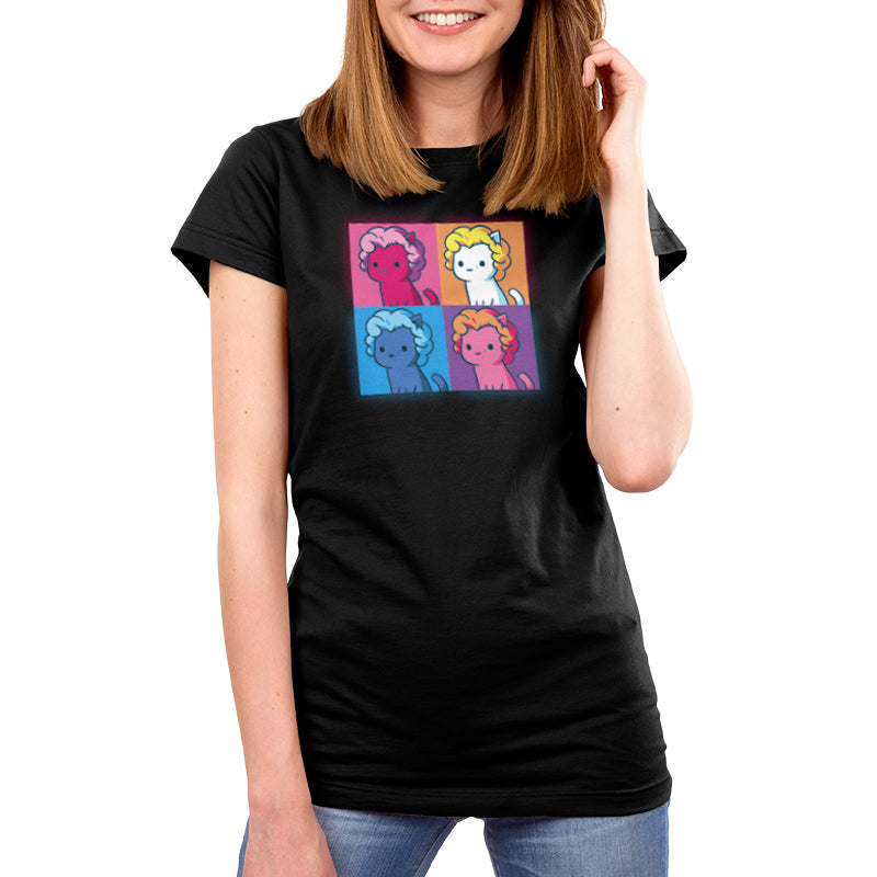 Premium Cotton T-shirt_TeeTurtle Marilyn Meownroe black t-shirt featuring a four panel, multicolored and stylized image of a cartoon cat in a Marilyn Monroe wig in parody of the famous painting of her.