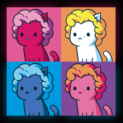 Premium Cotton T-shirt_TeeTurtle black Marilyn Meownroe featuring a four panel, multicolored and stylized image of a cartoon cat in a Marilyn Monroe wig in parody of the famous painting of her.
