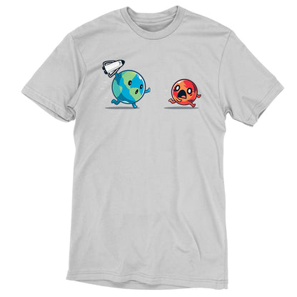 A Mars Invasion T-shirt with a red and blue earth on it, inspired by the TeeTurtle original design.