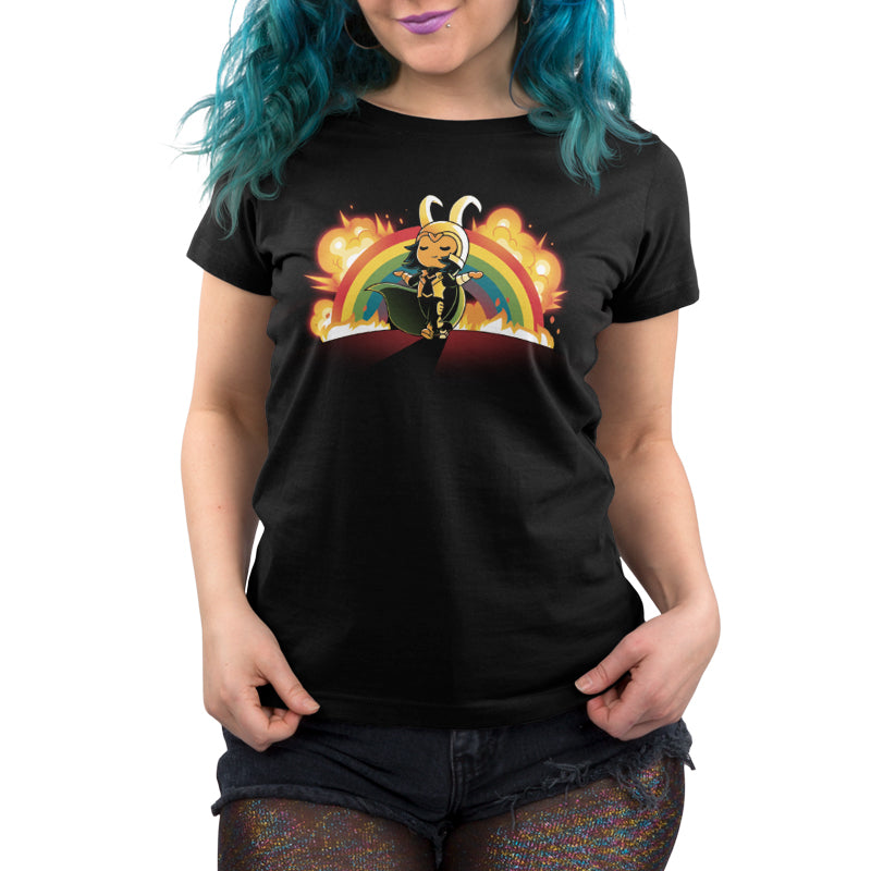 A woman wearing a Marvel Loki T-shirt, named Mayhem and Rainbows.