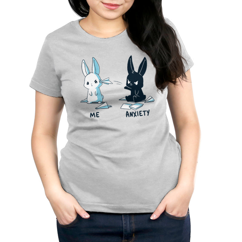 A comfortable Me vs. Anxiety women's t-shirt with two rabbits on it. Brand: TeeTurtle