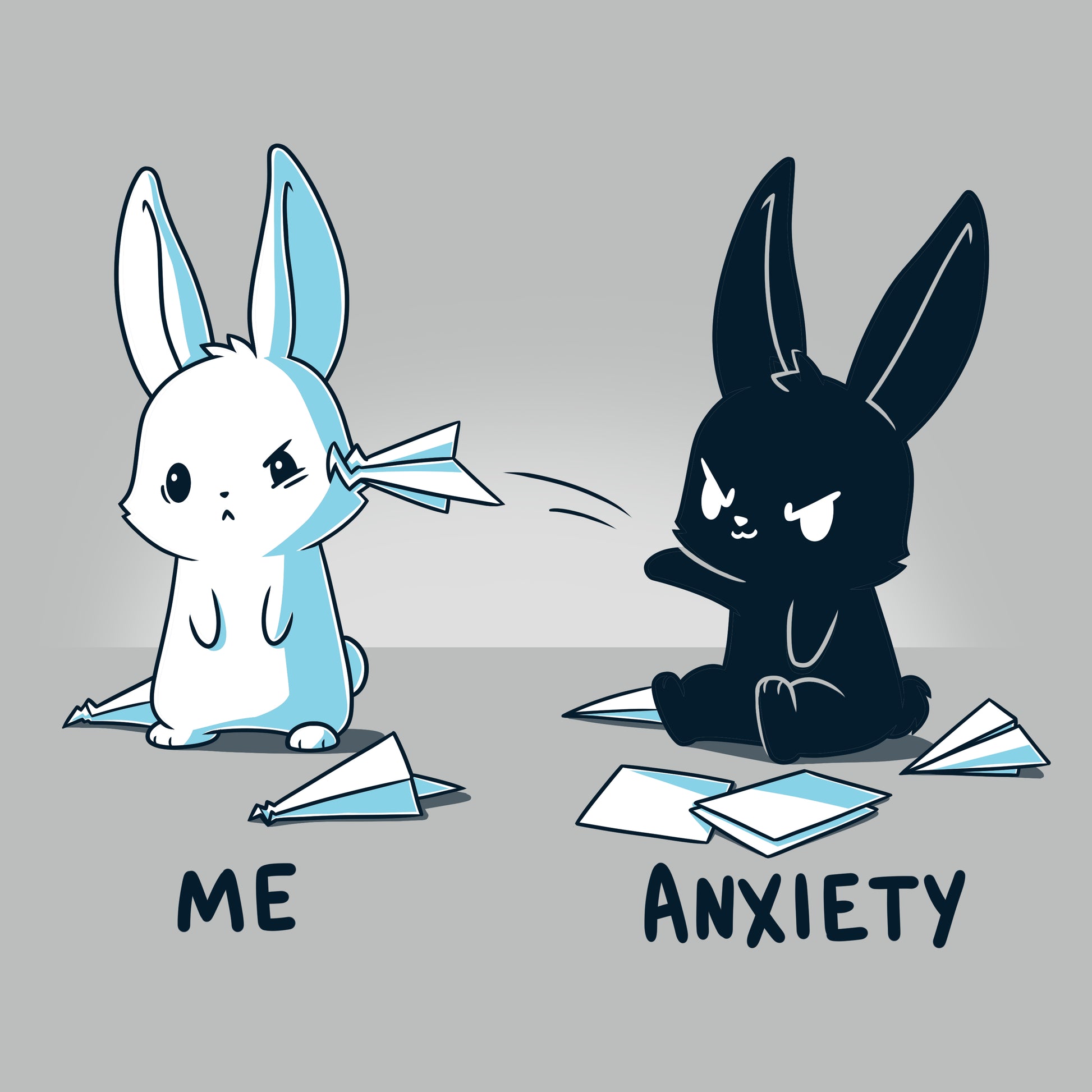 Two rabbits wearing T-shirts that say "Me vs. Anxiety" and "Comfort," made by TeeTurtle.