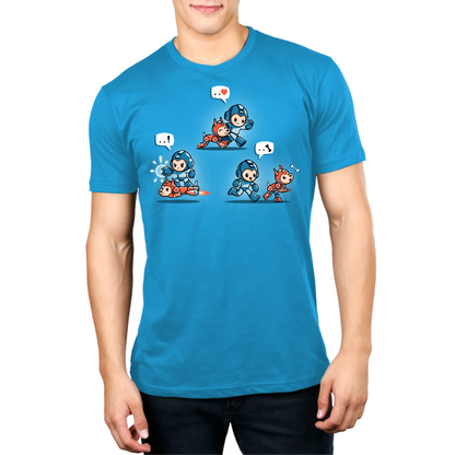 Premium Cotton T-shirt_TeeTurtle cobalt blue Mega Man and Rush apparel featuring Mega Man and Rush in three poses: walking beside each other and a heart bubble from Mega Man, Mega Man riding Rush in jet form and an exclamation point bubble from Mega Man, and Rush following a bone and a bone bubble coming from Mega Man.