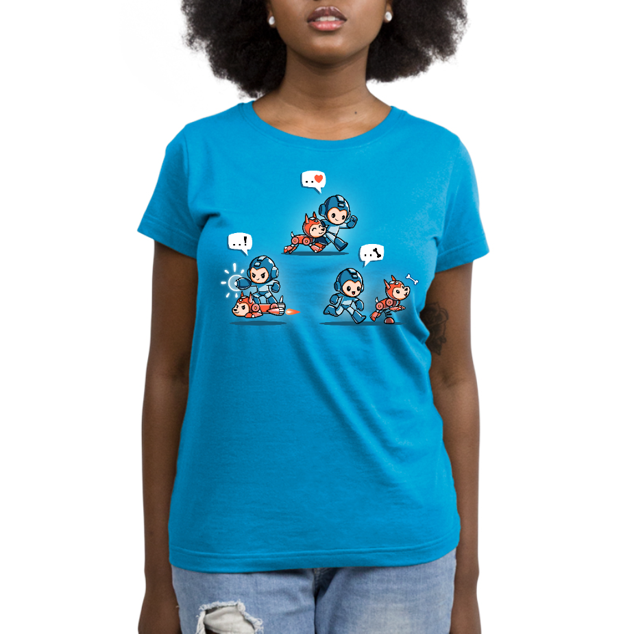 Premium Cotton T-shirt_TeeTurtle cobalt blue Mega Man and Rush apparel featuring Mega Man and Rush in three poses: walking beside each other and a heart bubble from Mega Man, Mega Man riding Rush in jet form and an exclamation point bubble from Mega Man, and Rush following a bone and a bone bubble coming from Mega Man.