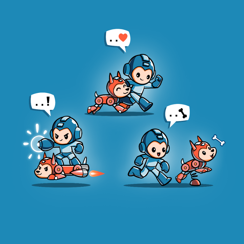 Premium Cotton T-shirt_TeeTurtle cobalt blue Mega Man and Rush apparel featuring Mega Man and Rush in three poses: walking beside each other and a heart bubble from Mega Man, Mega Man riding Rush in jet form and an exclamation point bubble from Mega Man, and Rush following a bone and a bone bubble coming from Mega Man.